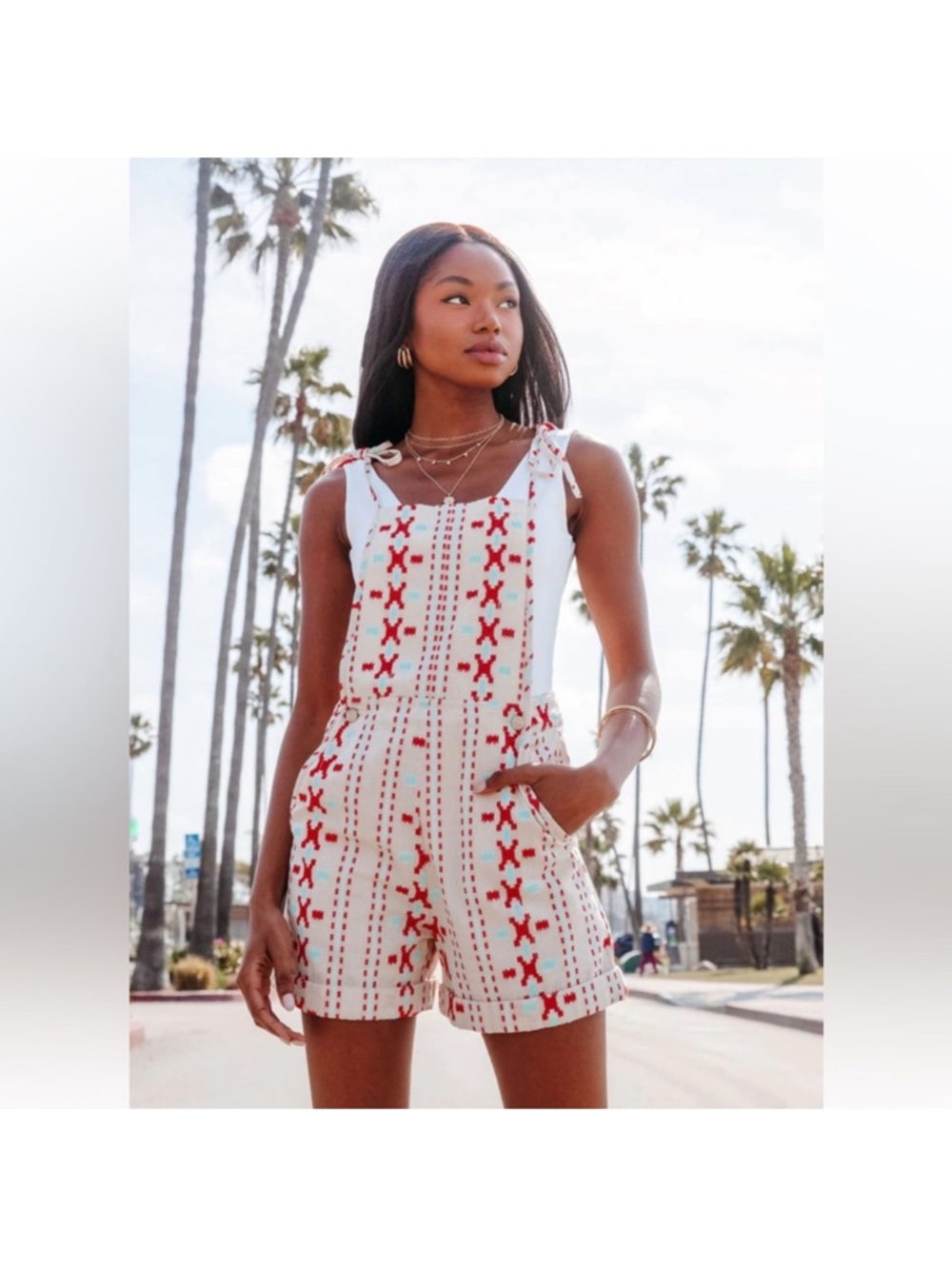 VICI Collection Cotton Embroidered Pocketed Tie Shoulder Overall Romper Shorts